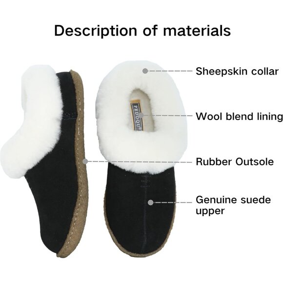 Women's Black White Fuzzy Leather Collar Wool Lining Warm Slipper Boot Shoes - Picture 2 of 6